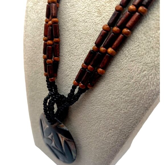 Handcrafted Boho Wooden Bead & Shell Pendant Necklace N36 - Picture 6 of 8